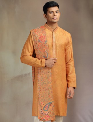 Yellow printed pashmina silk kurta pajama with dupatta for men