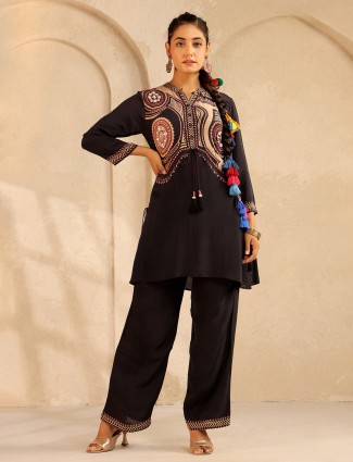 Black printed silk palazzo kurti set for women casual wear