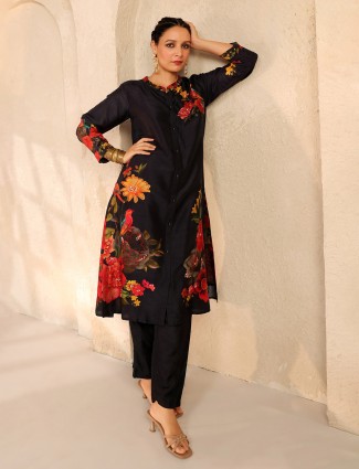 Black printed silk kurti set for women
