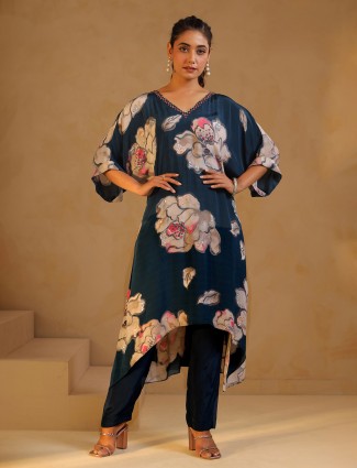 Black V-neck printed silk kurti set for women