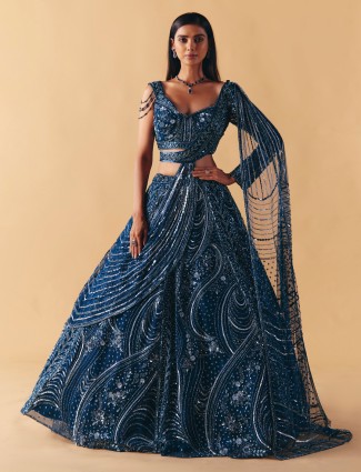 Blue net designer lehenga with diamond sequins glow
