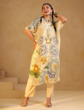 Cream cutdana work silk kurti set