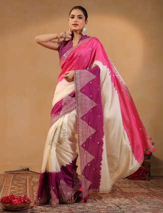 Cream silk saree with neat aabla enhancement