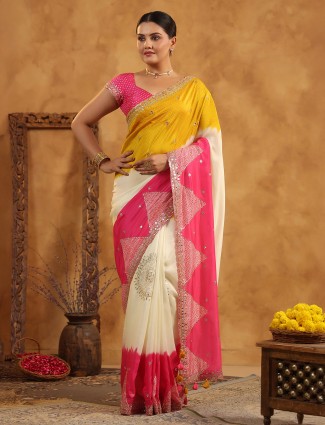 Cream silk saree crafted with aabla and resham highlights