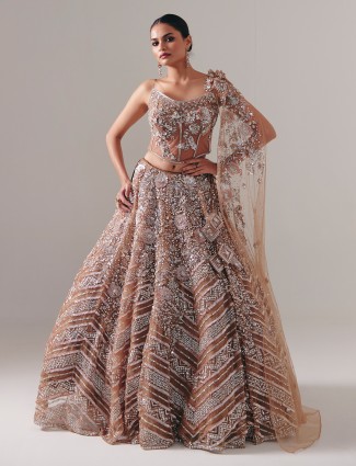 Dark beige net lehenga with diamond cutdana shine