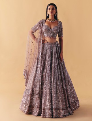 Lilac purple net lehenga with beads pearl shine