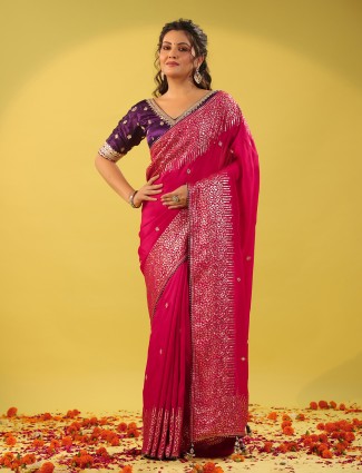 Magenta silk saree with purple blouse for wedding wear