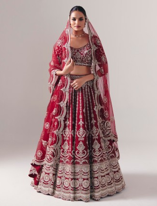Maroon raw silk lehenga with resham zardosi elegance