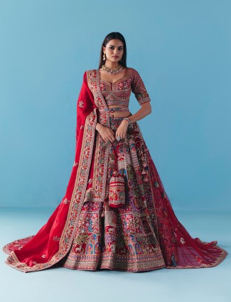 Maroon silk lehenga with zardosi diamond work