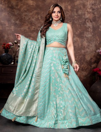 Mint blue tissue silk lehenga choli for wedding occasions