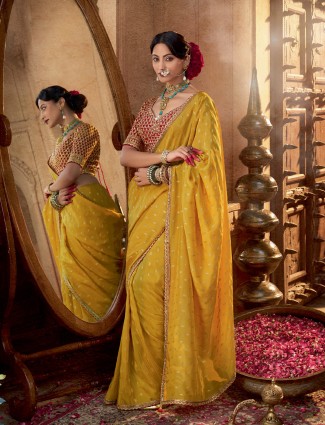 Radiant mustard yellow viscose crepe silk saree