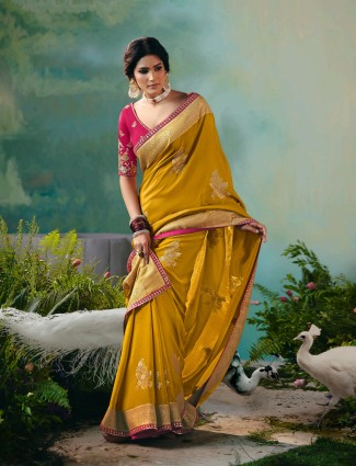Mustard yellow viscose dola silk saree for women