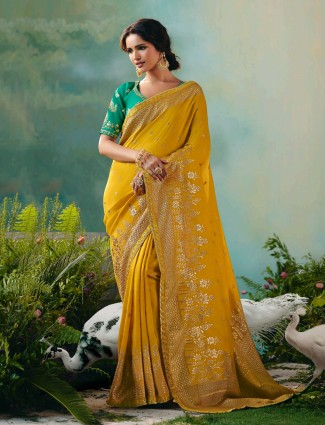 Bright mustard yellow viscose dola silk saree