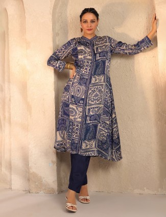 Navy printed silk kurti set for women casual wear