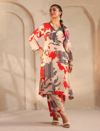 Off-white cutdana work silk kurti set