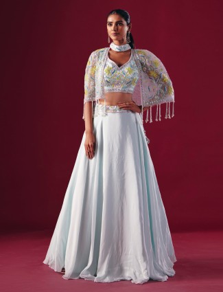 Off white satin silk jacket style lehenga choli