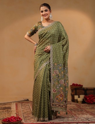 Olive silk saree with refined resham detailing