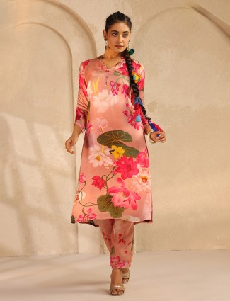 Peach festive silk kurti set for women