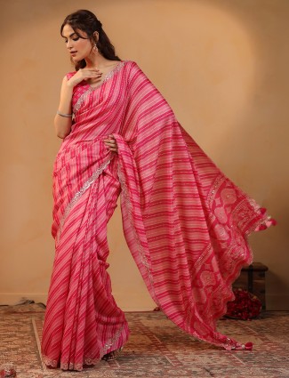 Pink silk saree uplifted with aabla highlights
