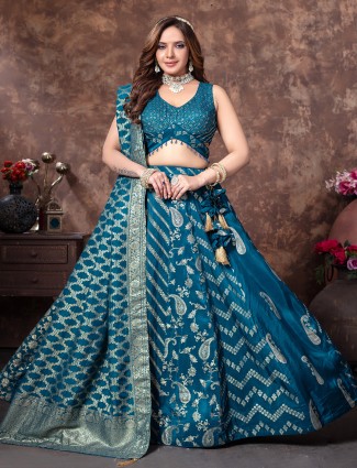 Rama blue lehenga choli with sweetheart neck style