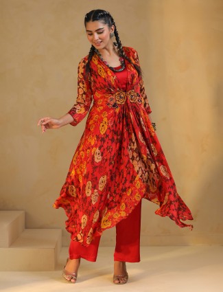 Red festive printed silk kurti set