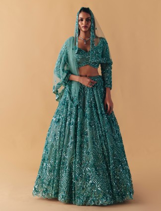 Sage green net lehenga with sequins stone glow