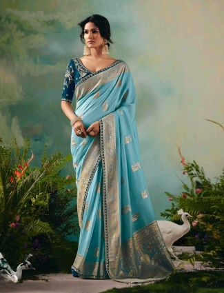 Sky blue viscose dola silk saree