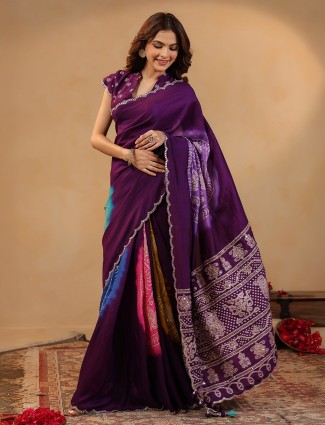 Wine silk printed saree for special celebrations