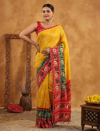 Yellow silk printed saree ideal for festive gatherings