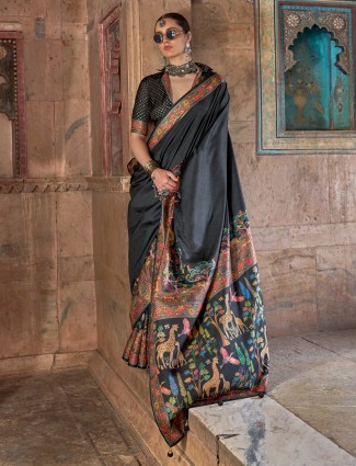 Black printed silk saree for women