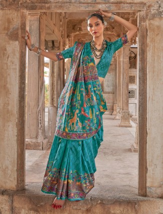 Dusty aqua silk printed saree for women