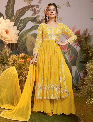 Yellow georgette embroidered palazzo suit for haldi celebrations