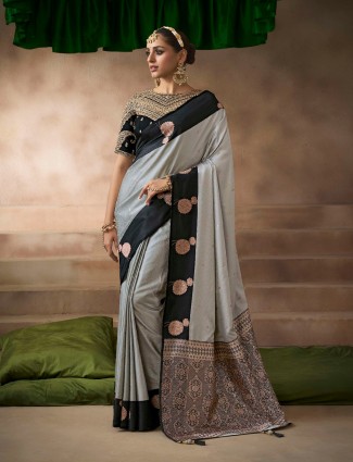 Sophisticated grey satin silk saree for women