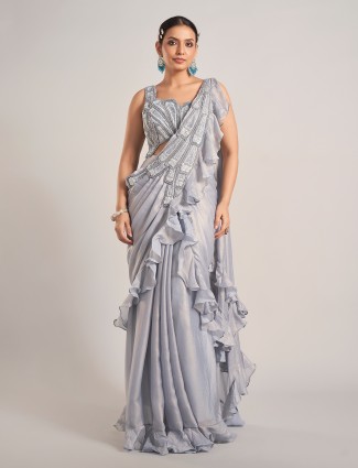 Grey tissue silk embellished saree for weddings and parties