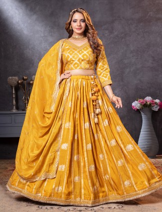 Mustard yellow tissue silk lehenga choli for haldi and wedding