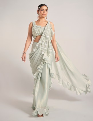 Pista green tissue silk embellished festive saree