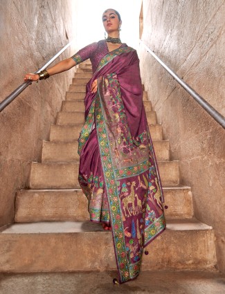 Purple printed silk saree for women
