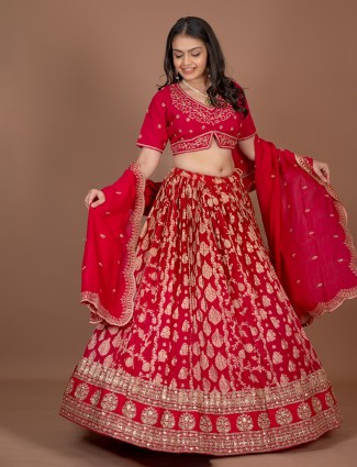 Red georgette lehenga choli with zardosi detailing