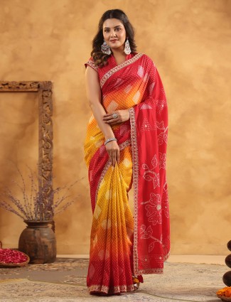 Red printed silk saree curated for wedding celebrations