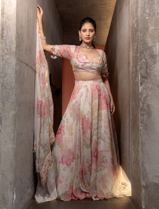 Ivory cream printed silk lehenga choli