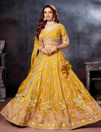 Mustard yellow embellished tissue silk bridal lehenga choli