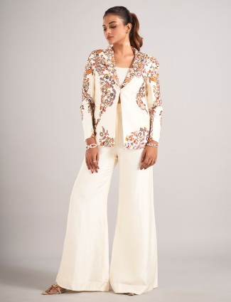 Off white silk designer palazzo suit with cutdana and zardosi work