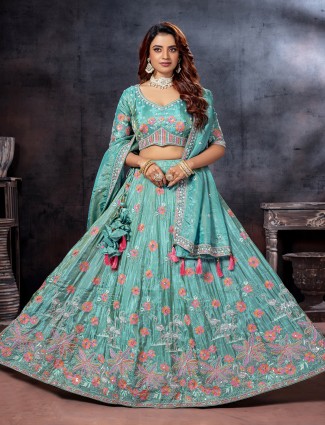 Pastel aqua tissue silk wedding wear lehenga choli