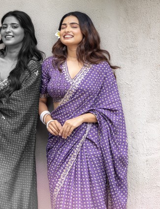 Purple printed cotton silk saree with readymade blouse