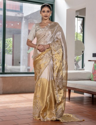 Silver and golden silk saree for wedding