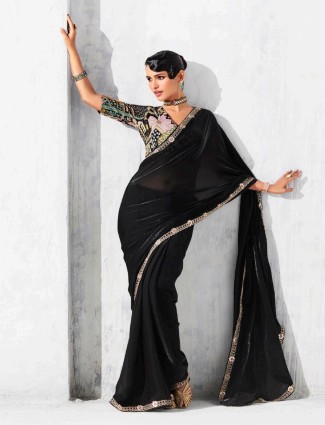 Black tissue silk saree with classic resham detailing