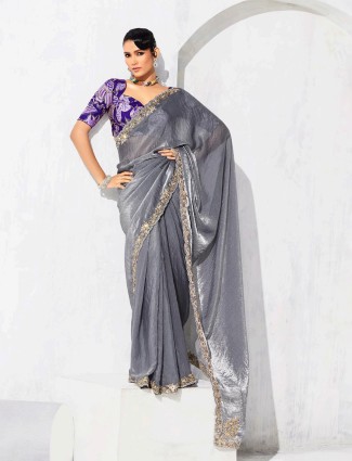 Grey tissue silk saree with resham and sequins accents
