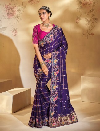 Purple silk bridal saree with luminous zari detailing