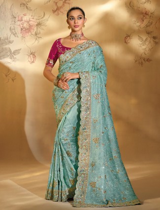 Sea green banarasi silk saree for grand wedding moments