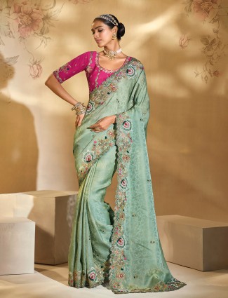 Sea green kanjivaram silk saree with shimmering zari glow